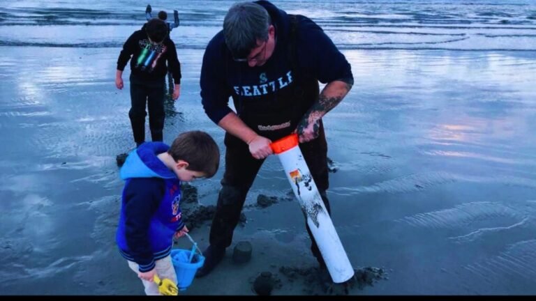 A father and a son clam digging in Long beach Washington